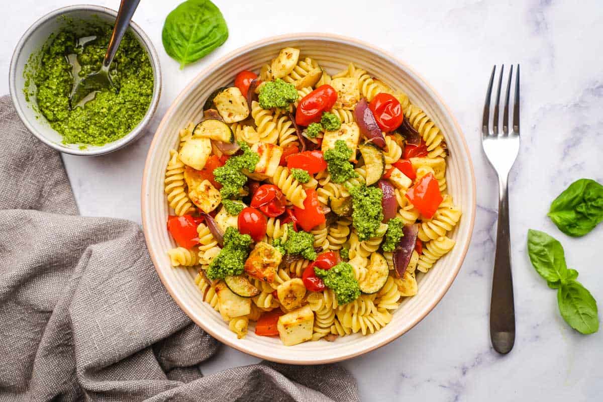 Halloumi pasta plated.