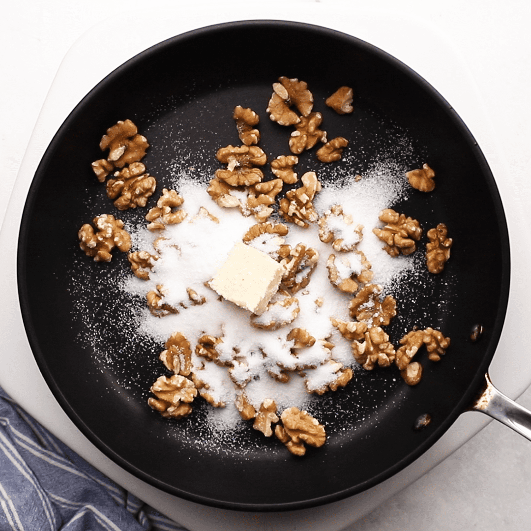 walnuts, sugar, butter, and salt in a skillet.