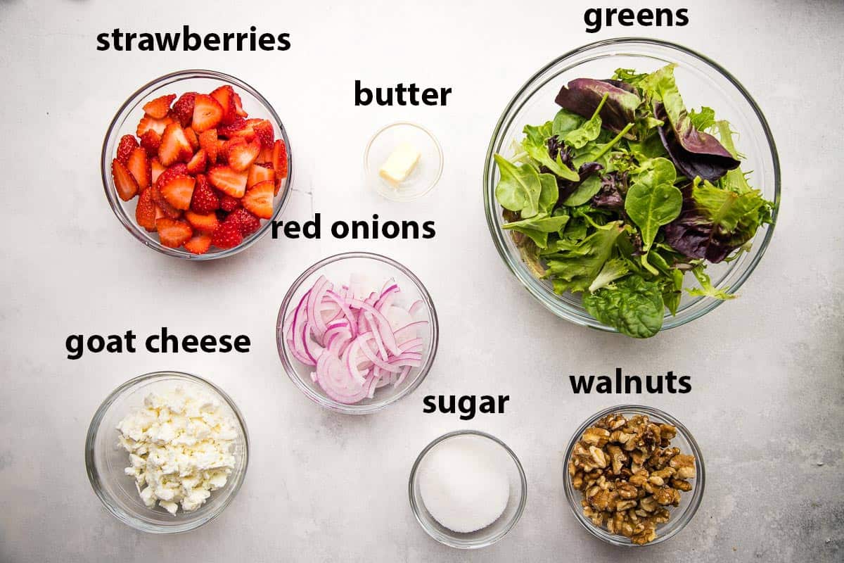 Ingredients for strawberry goat cheese salad.