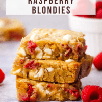A stack of raspberry white chocolate blondies with text overlay.