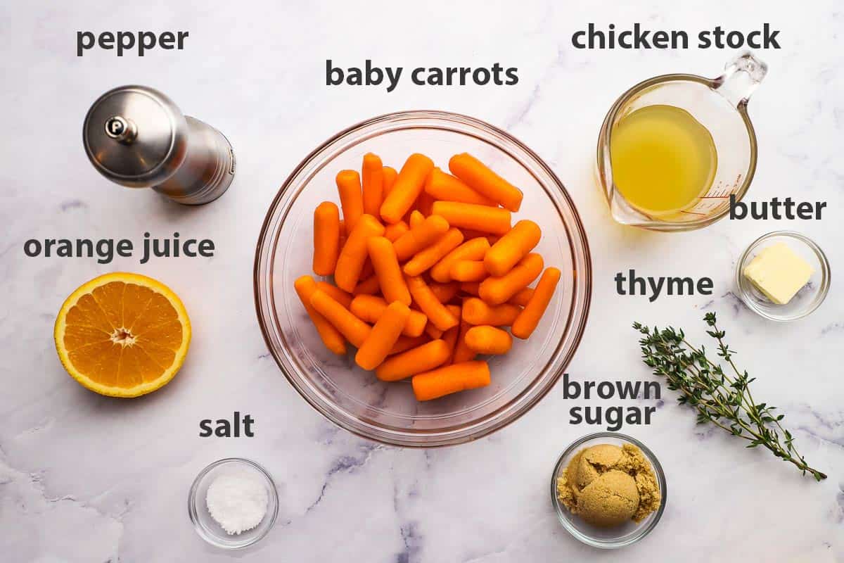 Labeled ingredients for making glazed carrots.