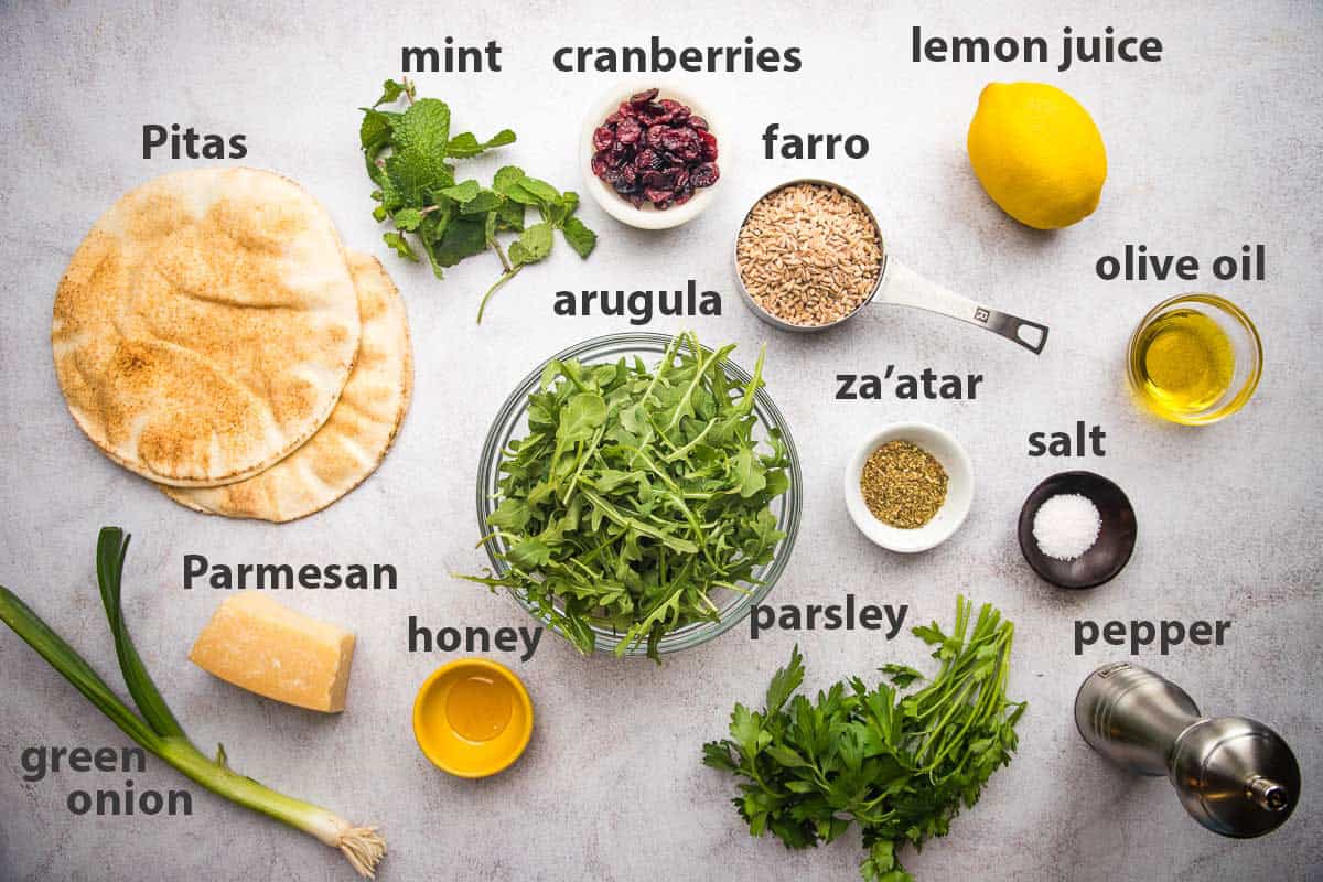 labelled ingredients for ancient grains salad.