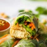A close of the inside of a tofu summer roll.