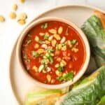 Overhead view of a bowl of Vietnamese peanut sauce garnished with chopped peanuts and cilantro with summer rolls in the background.