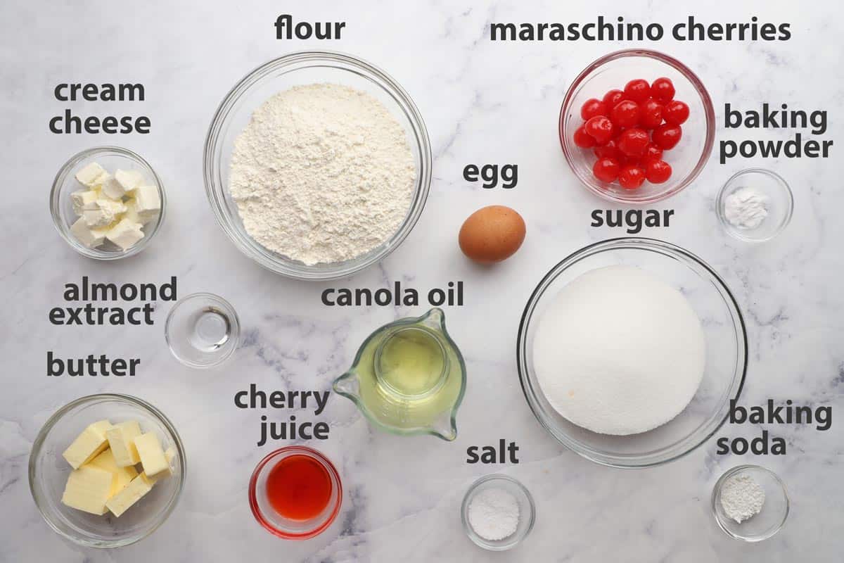 Portioned ingredients with labels for making cherry cookies