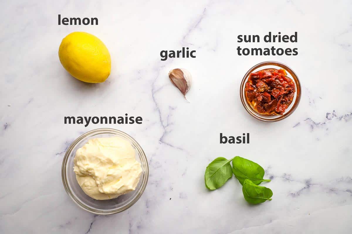 ingredient pictured and labelled for sun dried tomato aioli