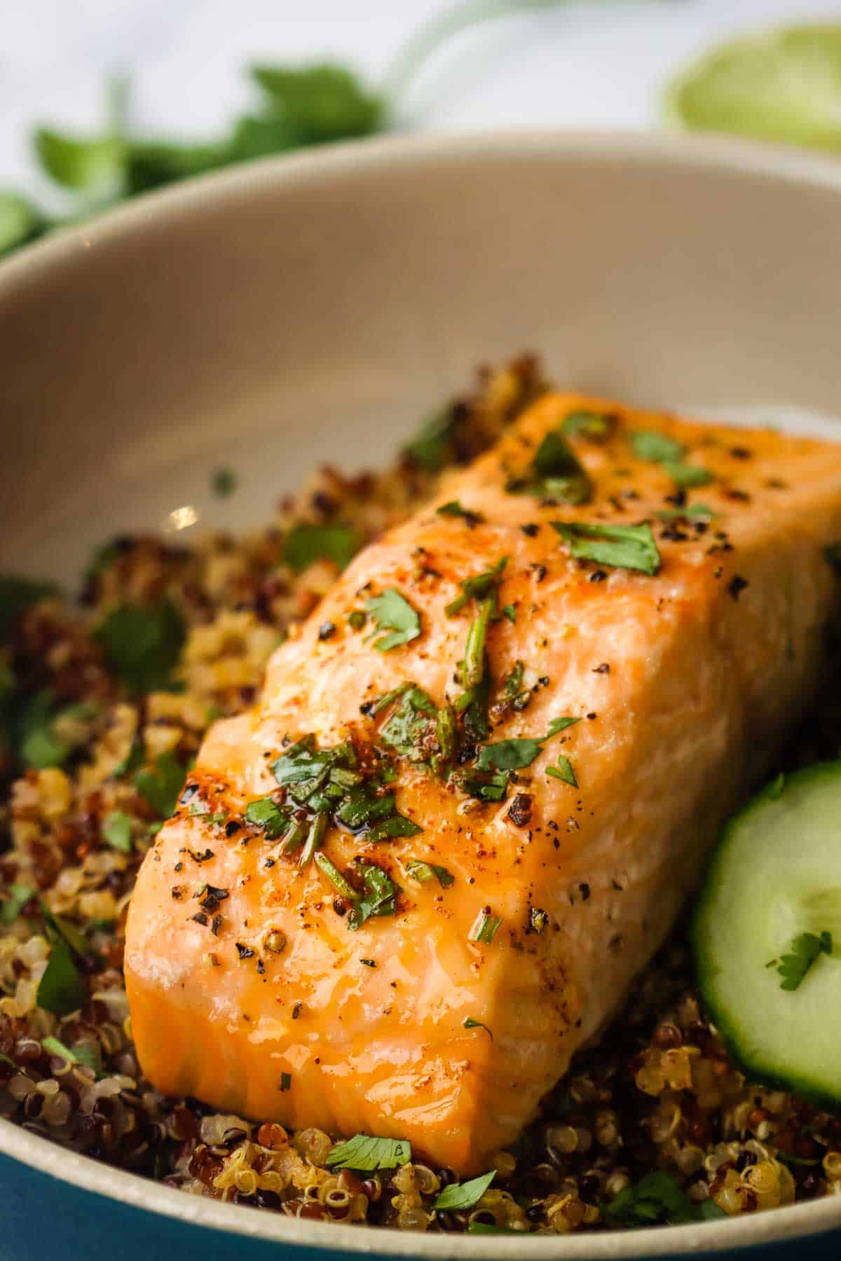 Closeup of a salmon filet on a bed of quinoa garnished with cilantro.