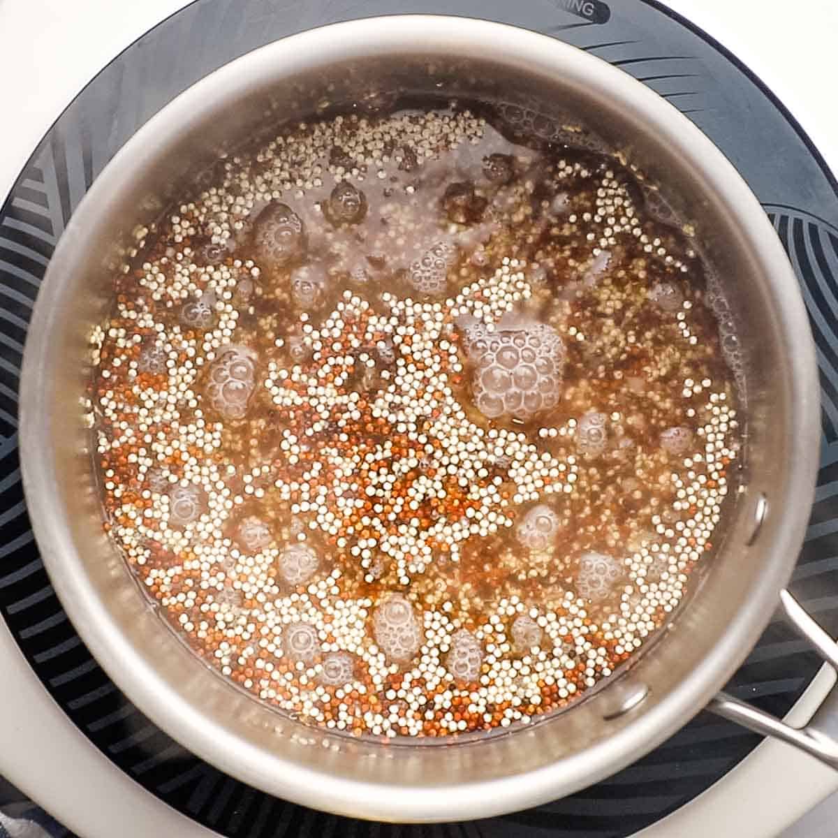 Tri color quinoa simmering in a pot.
