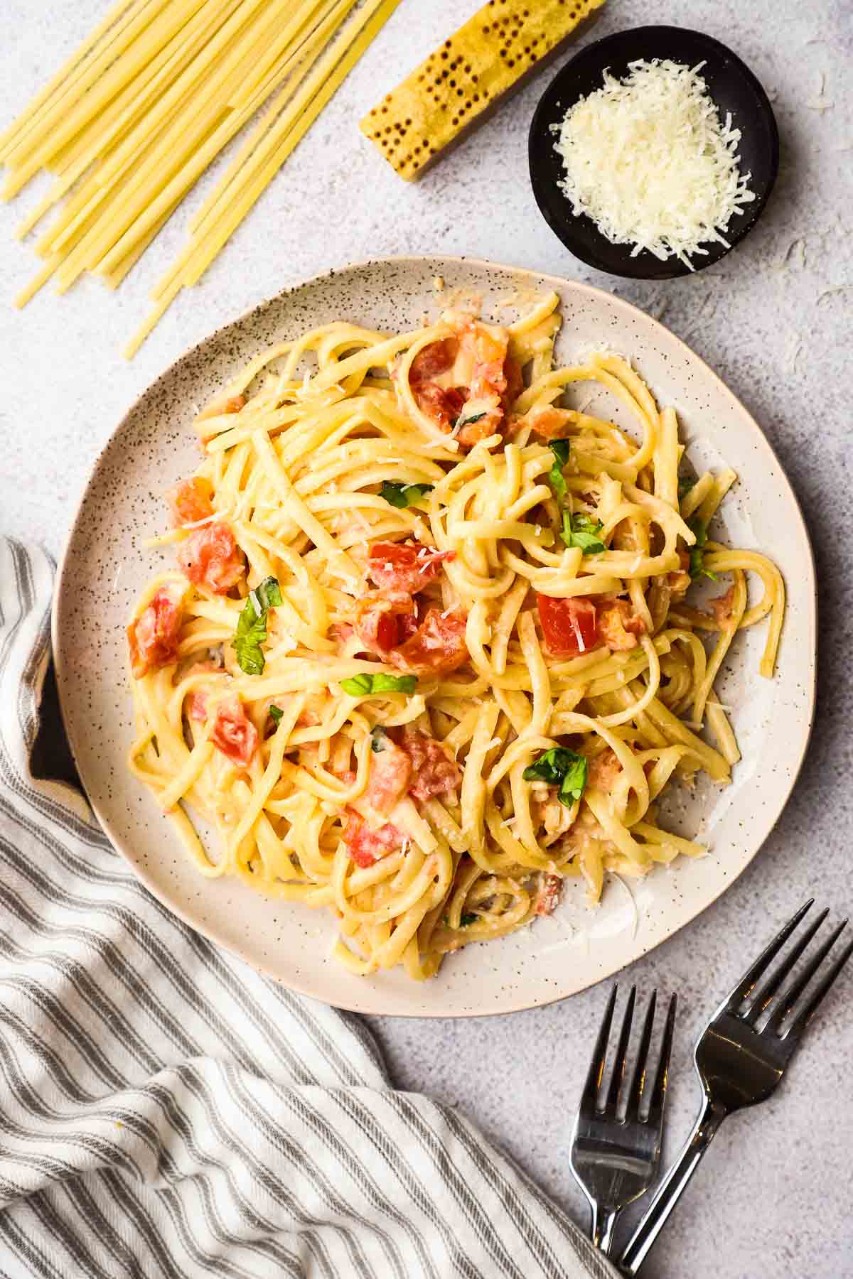 overhead view of a plate of pasta with tomato alfredo sauce