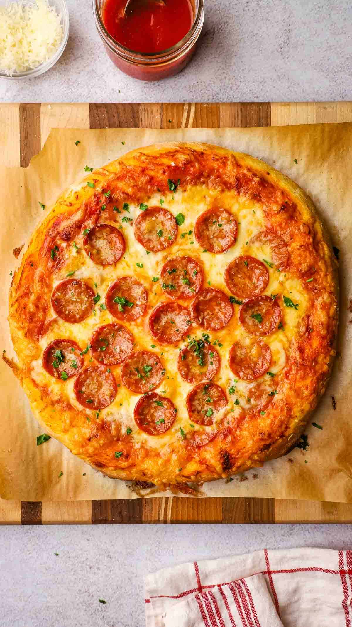 baked homemade thick crust pizza
