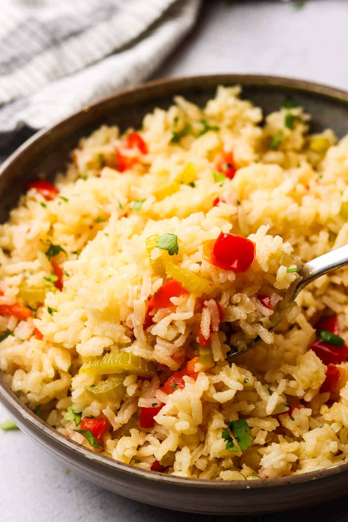 close up view of picking up a spoonful of cajun rice ifrom a plate