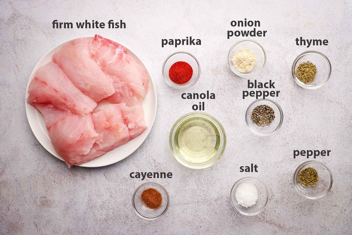 Ingredients to make blackened fish with labels.