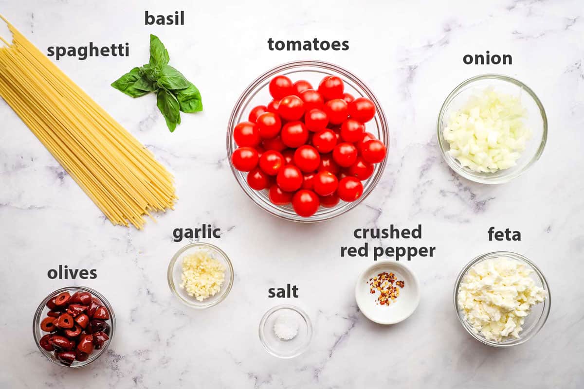 ingredients pictures and labelled for greek spaghetti