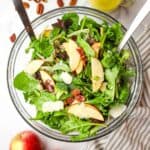 Overhead view of a bowl of mixed apple pecan salad with serving utensils in it.