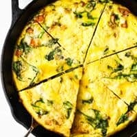 overhead view of a skillet of sweet potato frittata