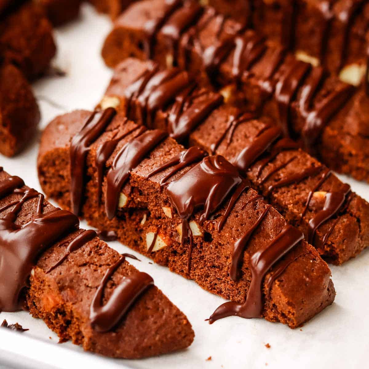 Chocolate almond biscotti drizzled with chocolate.