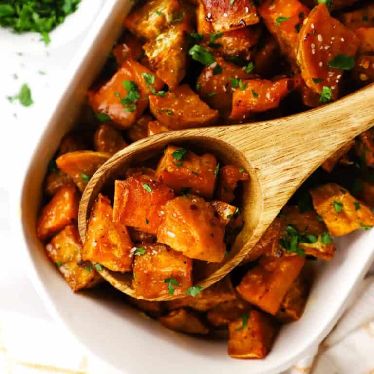 maple roasted sweet potatoes in a dish