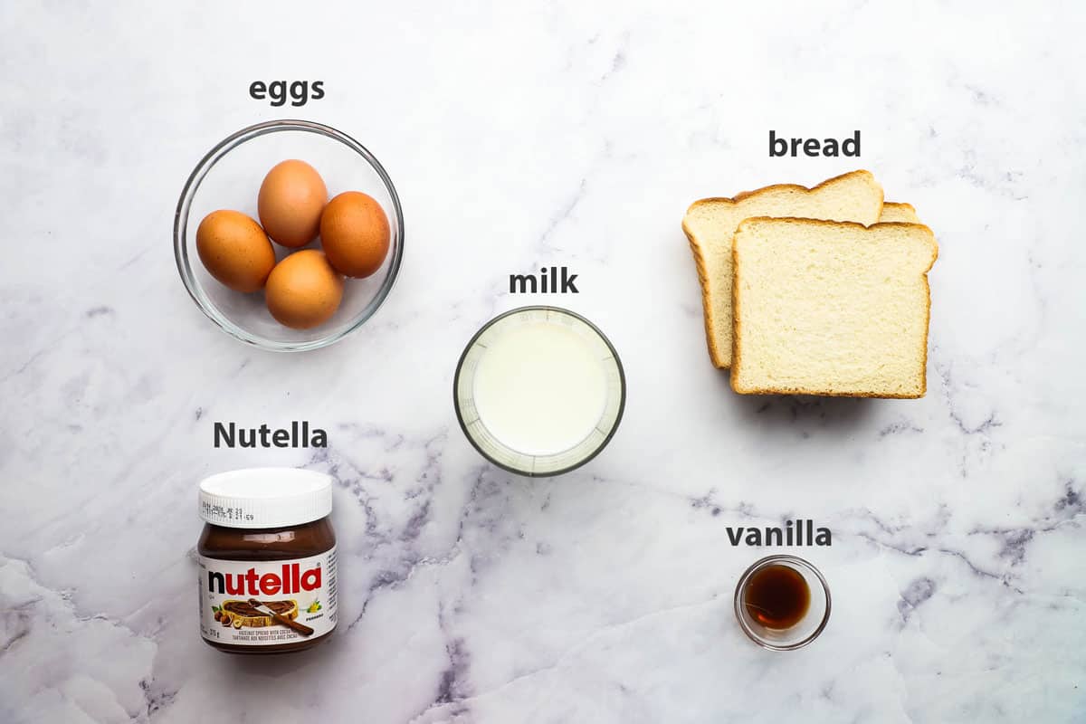 ingredients pictured and labelled for nutella french toast casserole