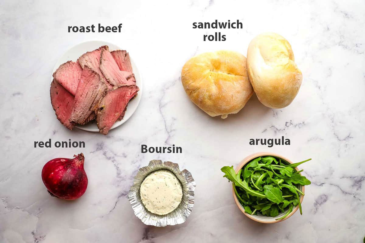 ingredients for roast beef sandwich pictured and labelled