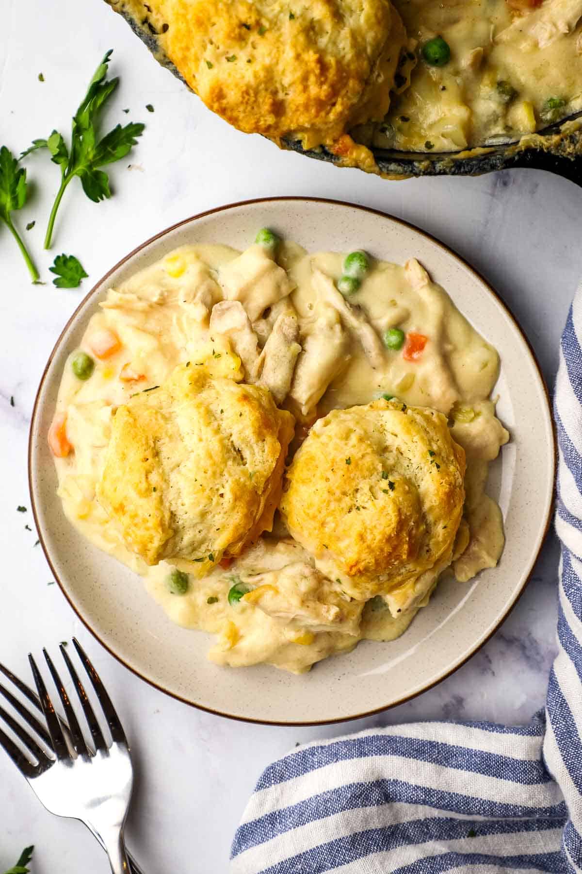 overhead view of chicken pot pie served in a plate