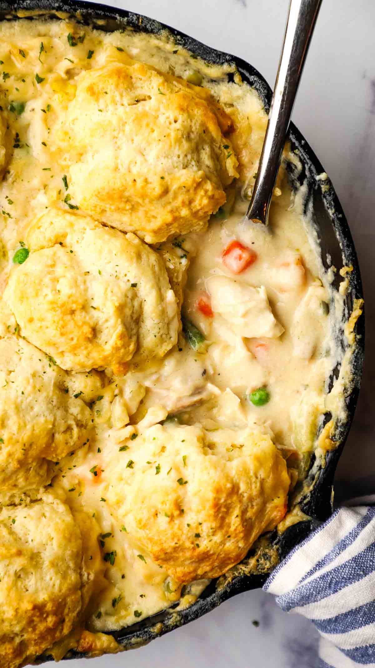 overhead view of cast iron chicken pot pie