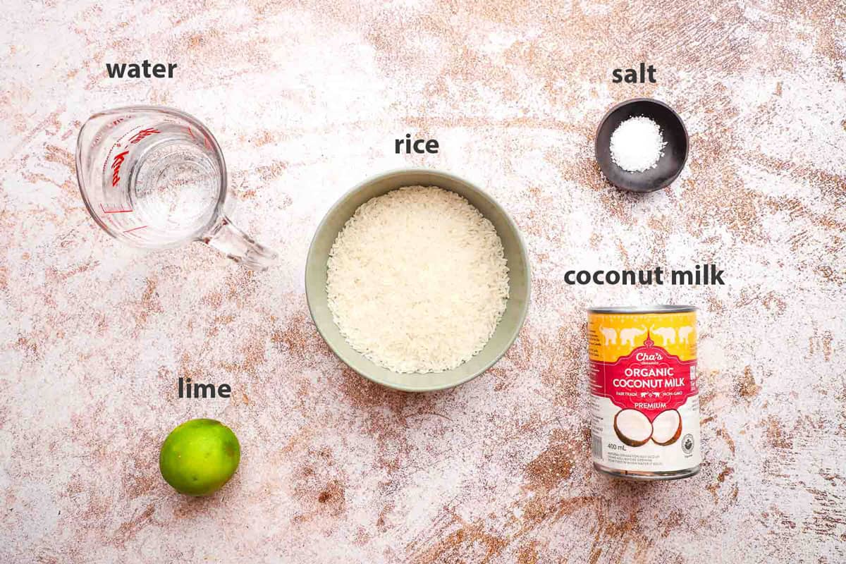 ingredients for baked coconut rice pictured and labelled.