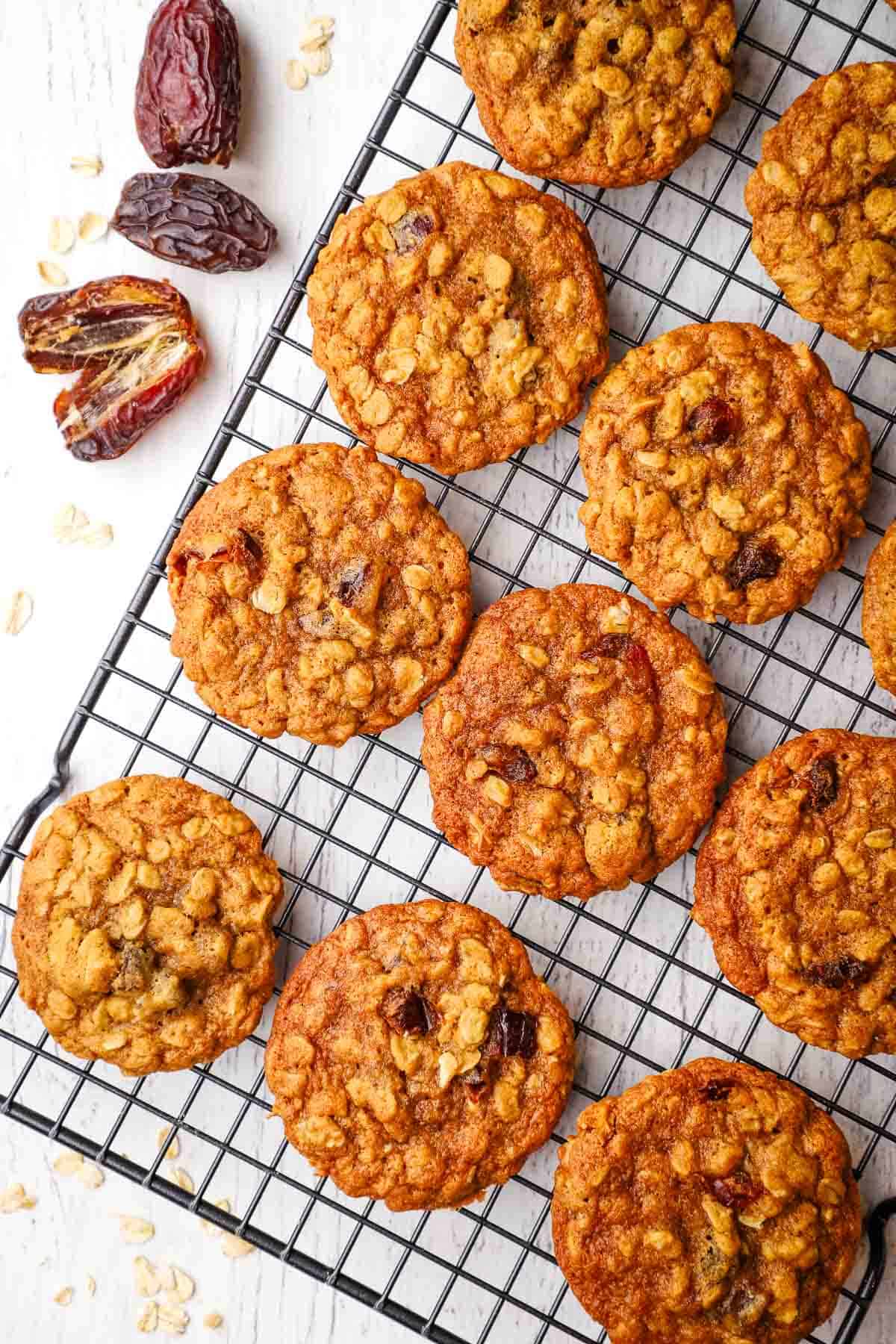 overhead view of date oatmeal cookies cooling on a wire rack