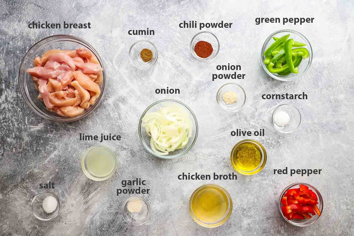 overhead view of ingredients to make chicken fajitas