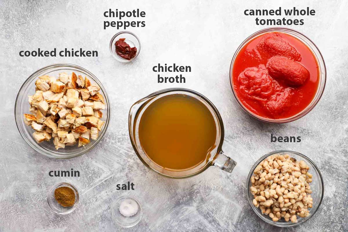 ingredients to make chicken chipotle soup with labels