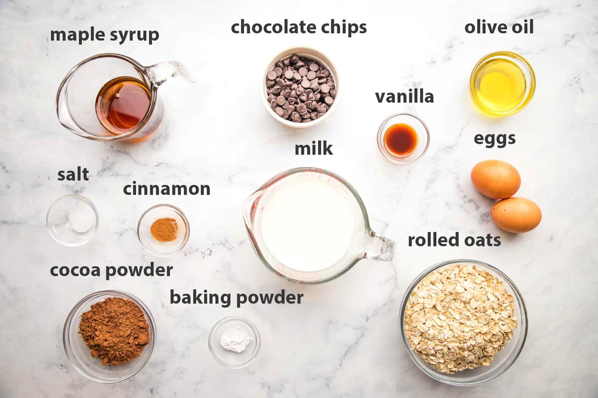 Ingredients to make chocolate baked oats with labels.