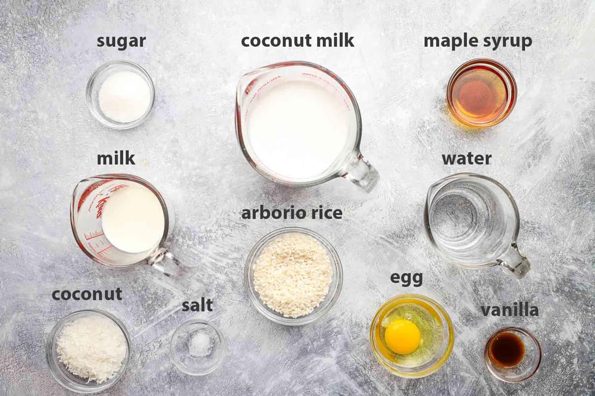 ingredients to make coconut rice pudding, with ingredients