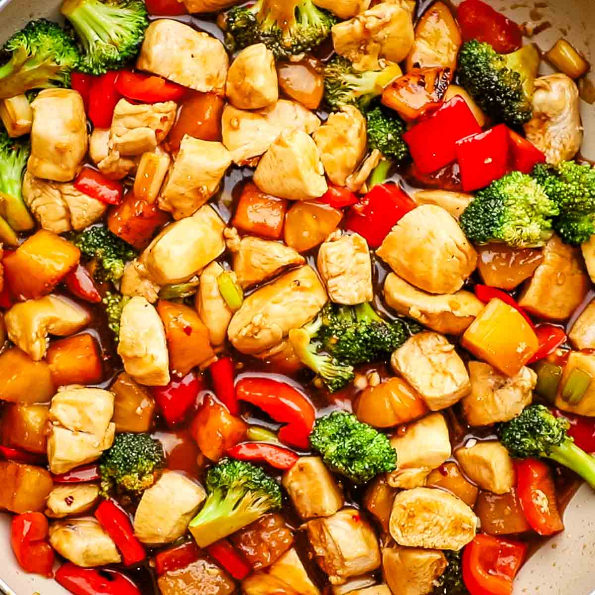 closeup of pineapple teriyaki chicken in a pan