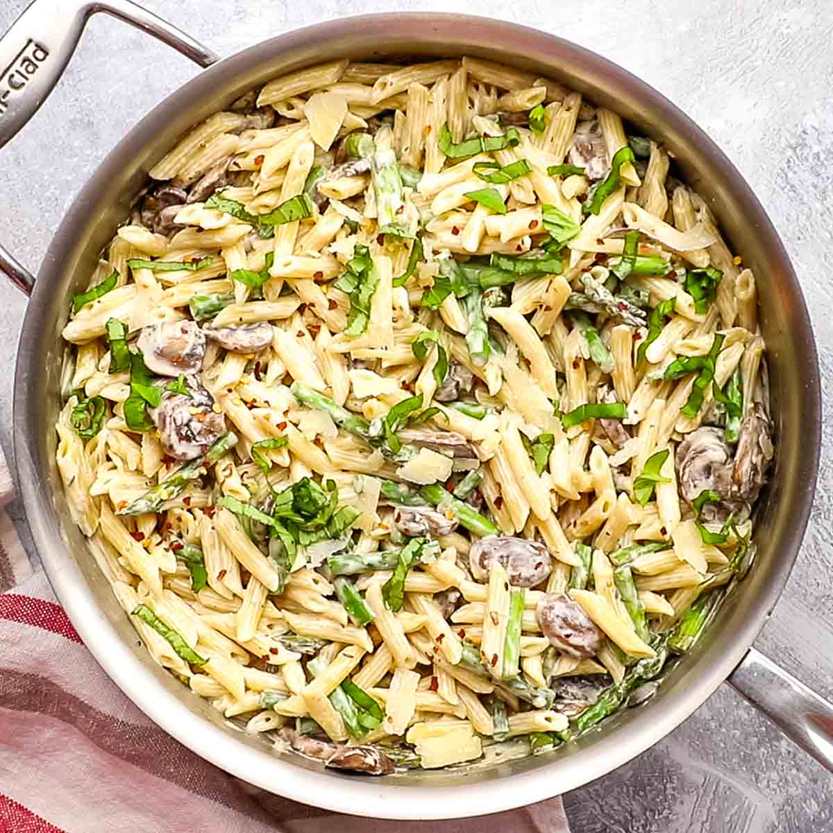 asparagus mushroom pasta in a skillet