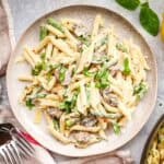 A plate of asparagus mushroom pasta.