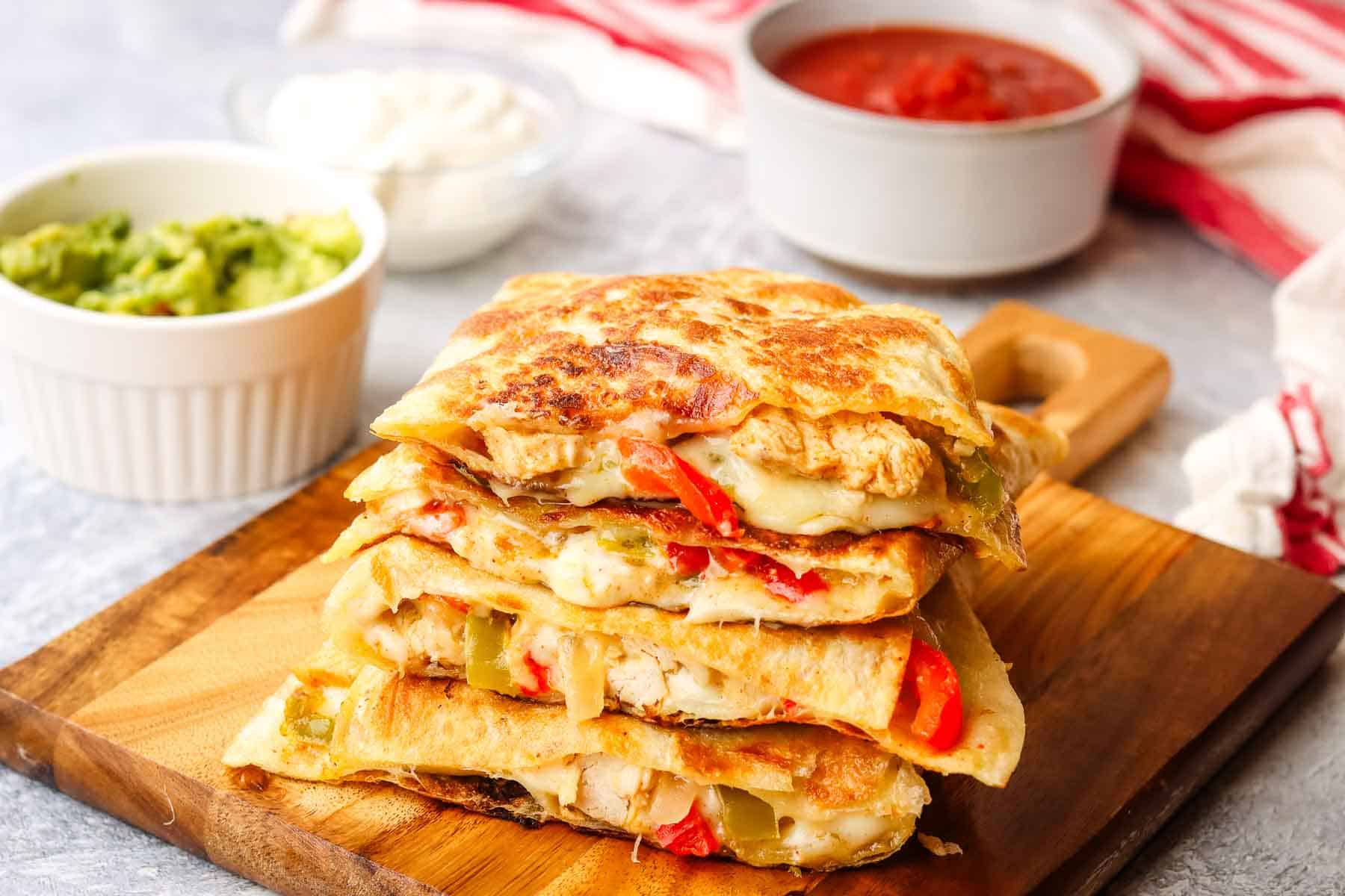 a stack of chicken fajita quesadillas