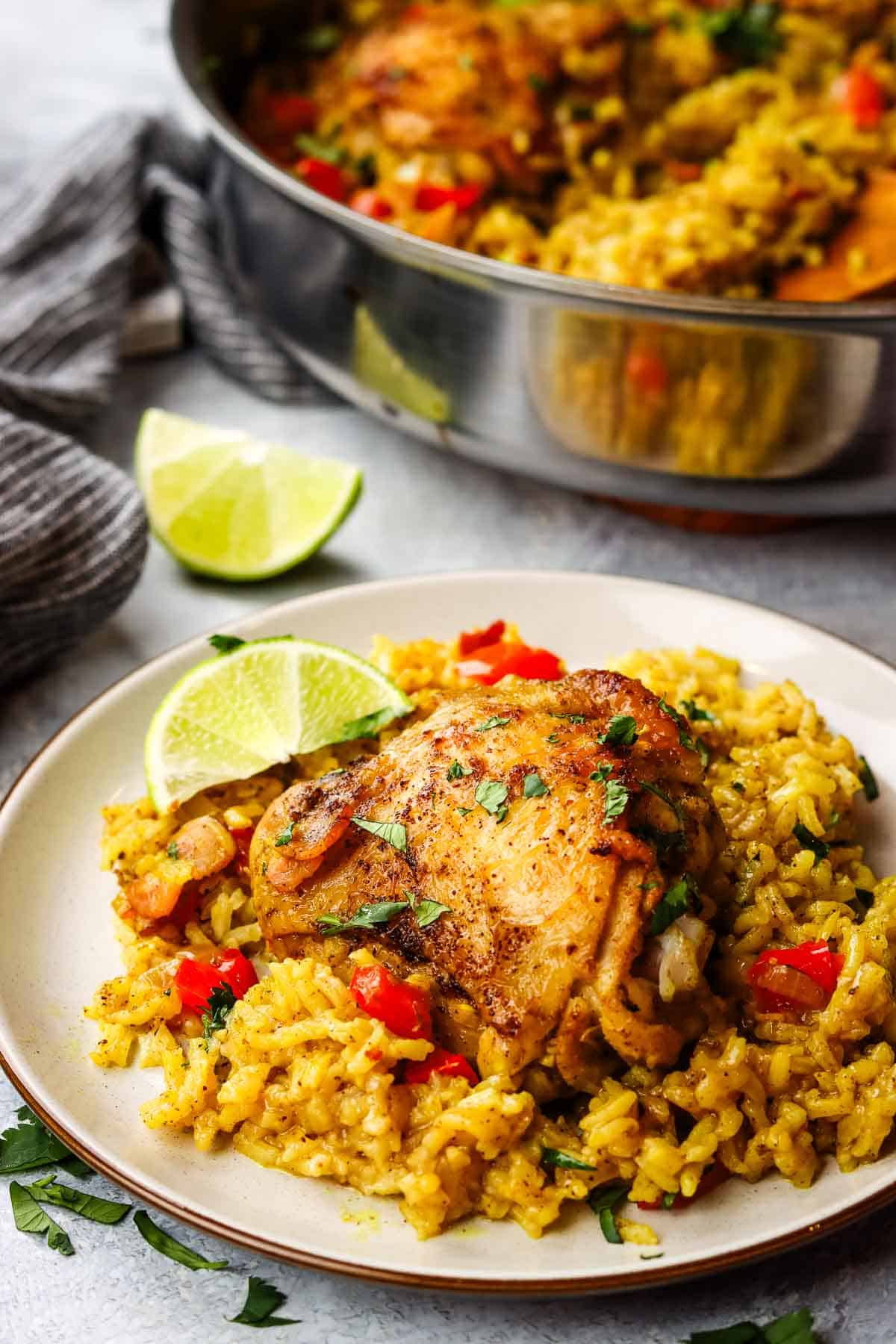 closeup of a plate of cuban chicken and rice