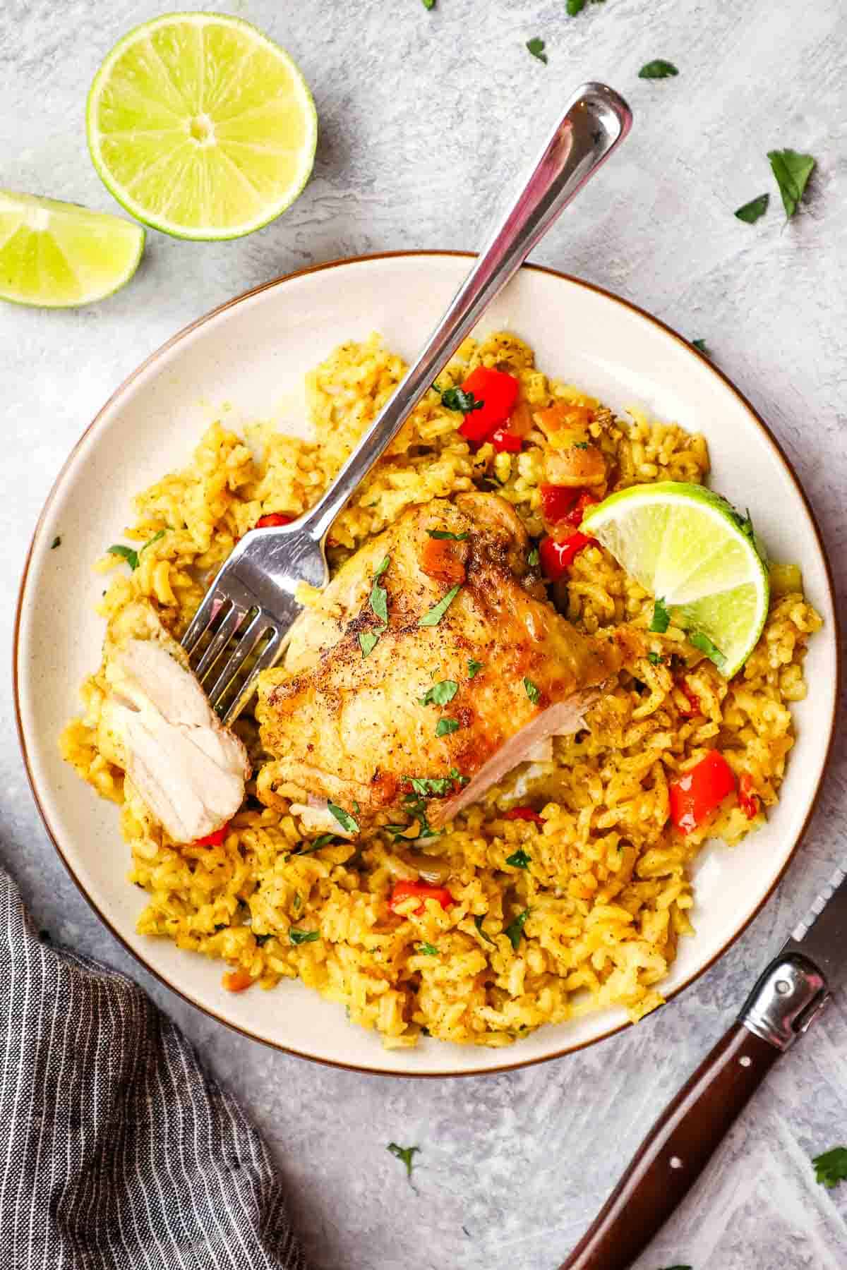 overhead view of a plate of chicken and rice with a fork in it