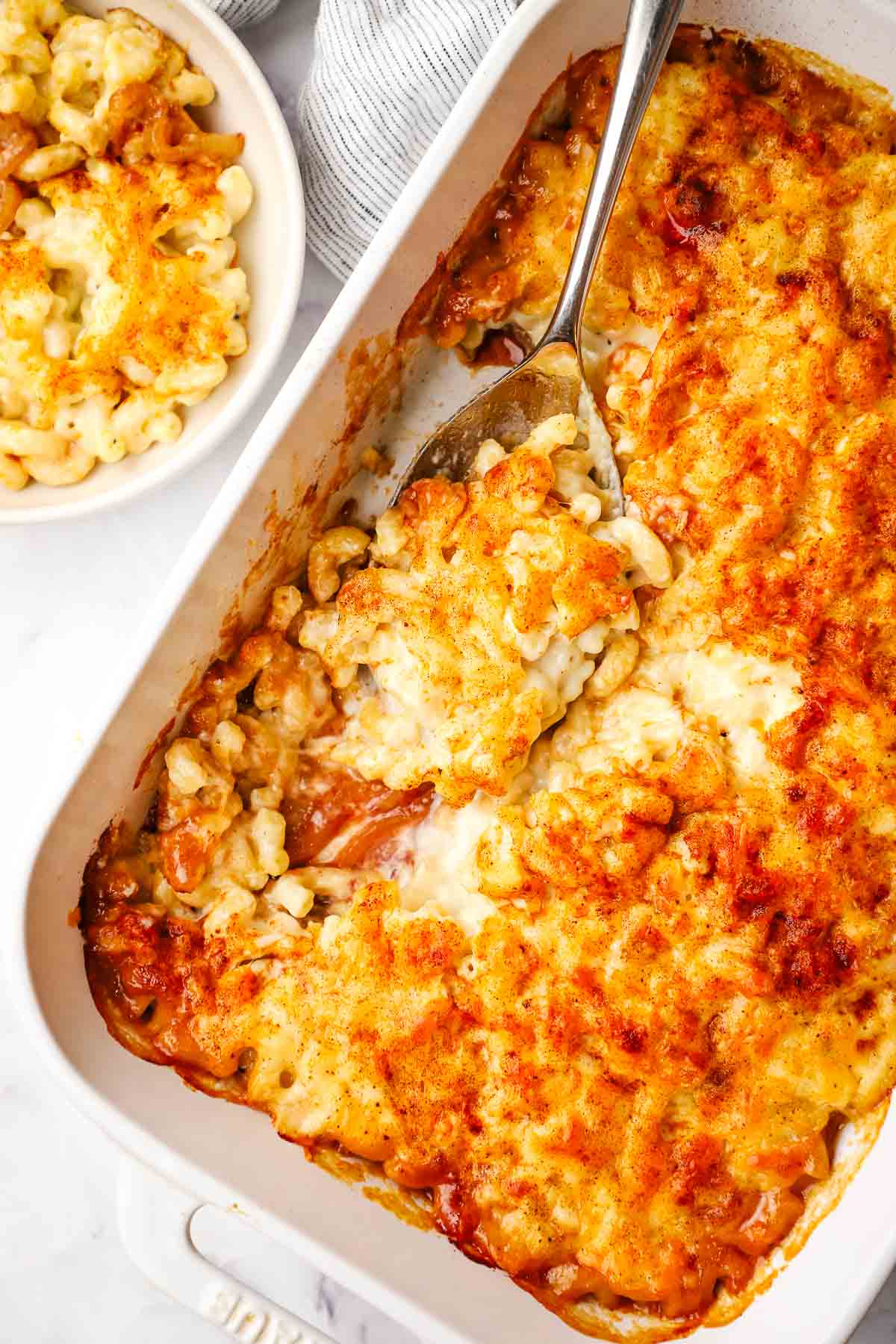 overhead view of a dish of baked mac and cheese
