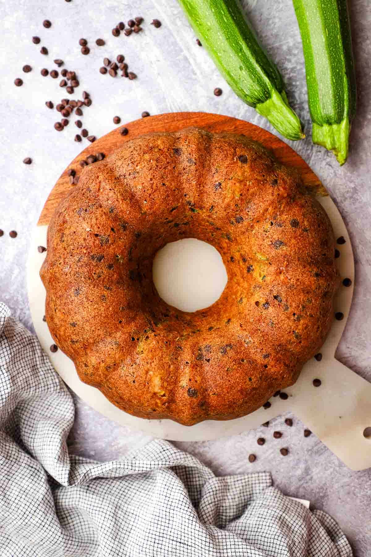 overhead view of a bundt cake served in a dish