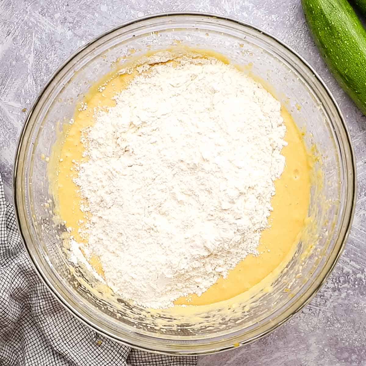 flour mixture added to the wet batter