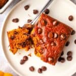 A piece of pumpkin chocolate chip cake on a plate with a forkful of cake next to it.