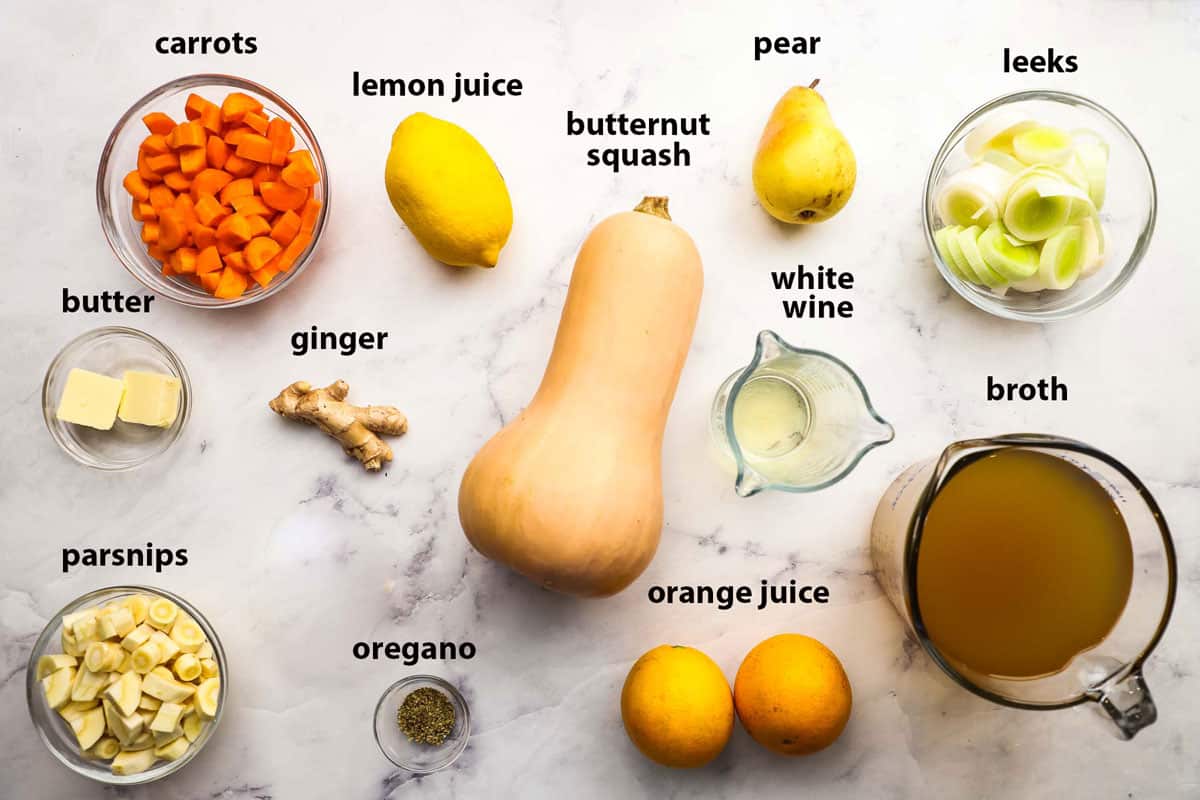 ingredients used to make butternut squash carrot and ginger soup