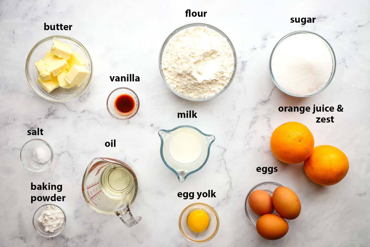 ingredients used to make orange cake pictured and labelled