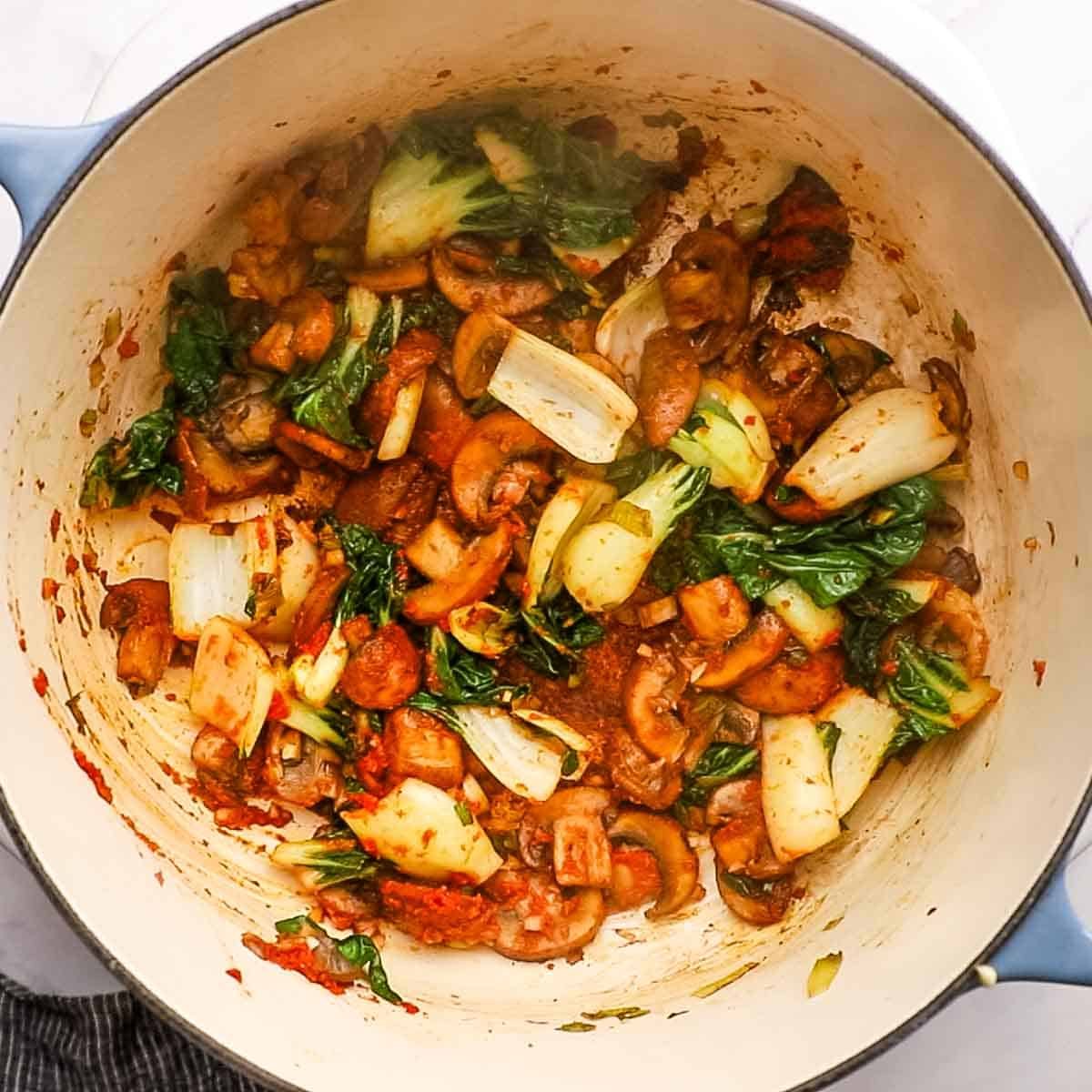 red curry paste added to the veggies