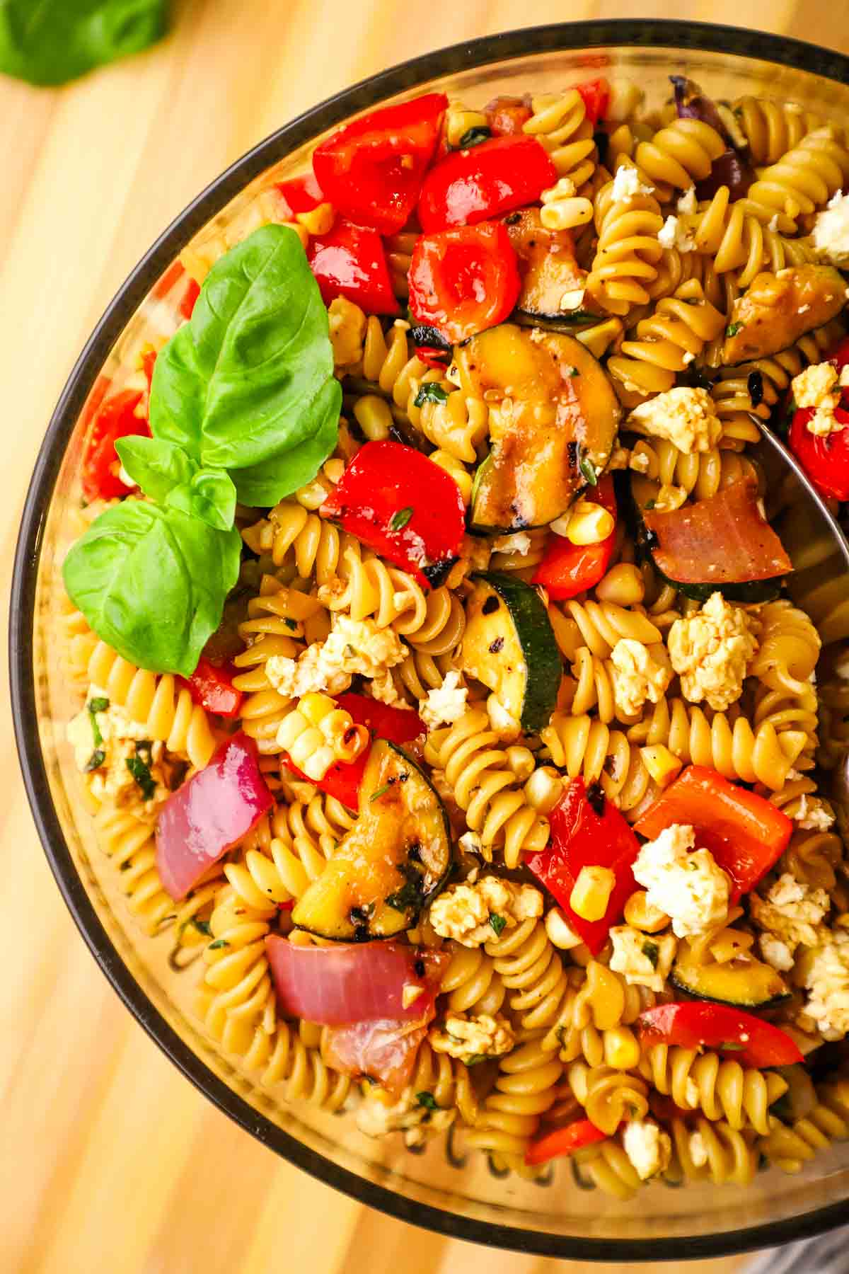 balsamic pasta salad with grilled vegetables in a bowl