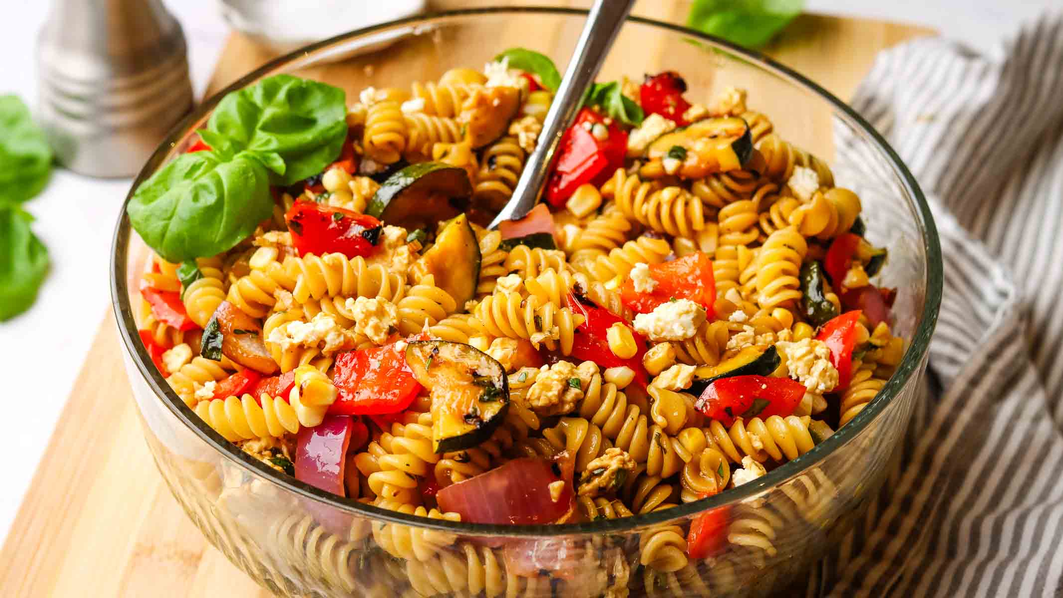 balsamic pasta salad with grilled vegetables in a bowl