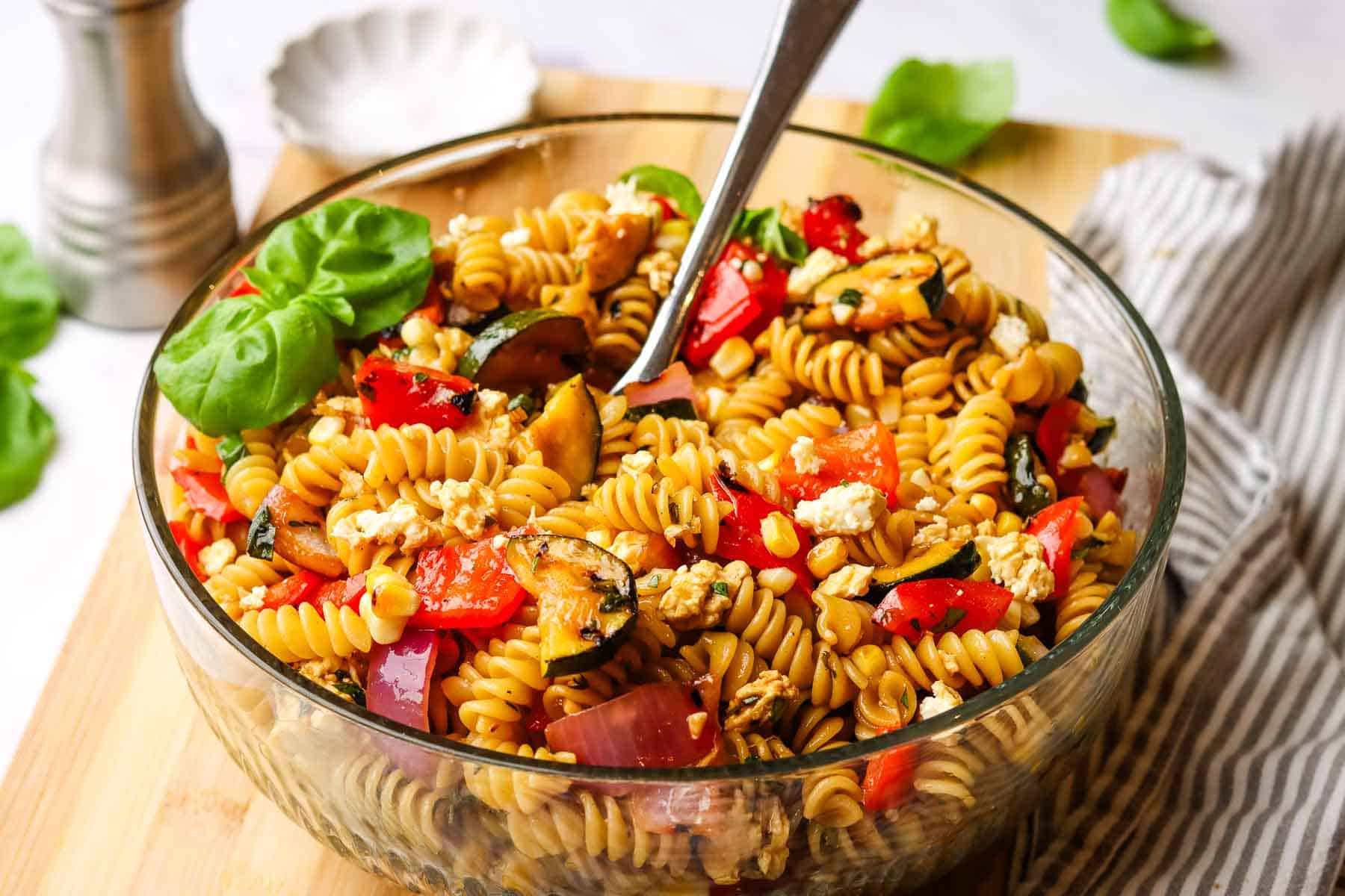 balsamic pasta salad with grilled vegetables in a bowl
