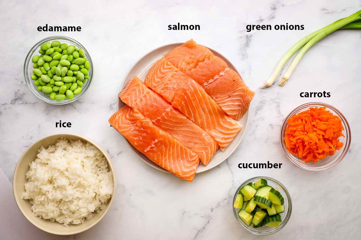 ingredients for salmon bowl pictured and labelled