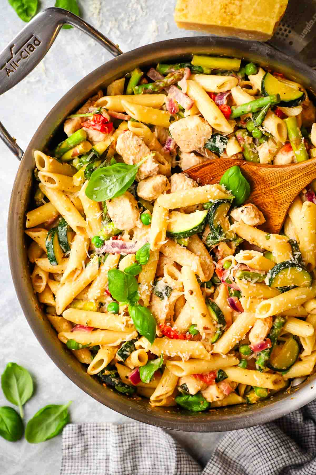 chicken primavera pasta in a skillet