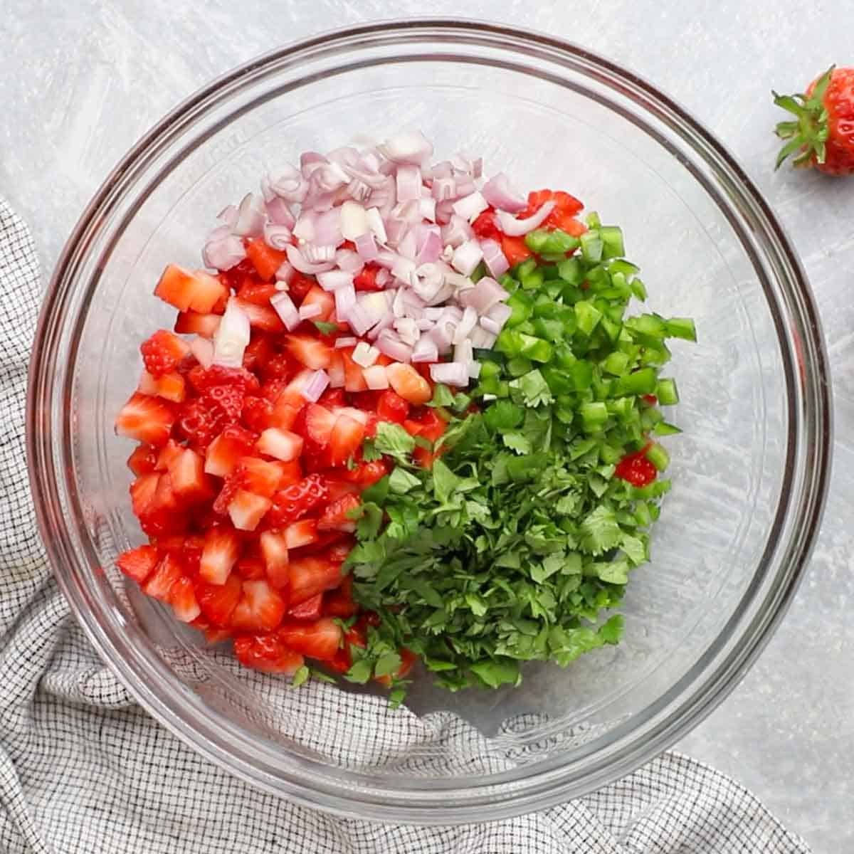 all salsa ingredients added to a bowl